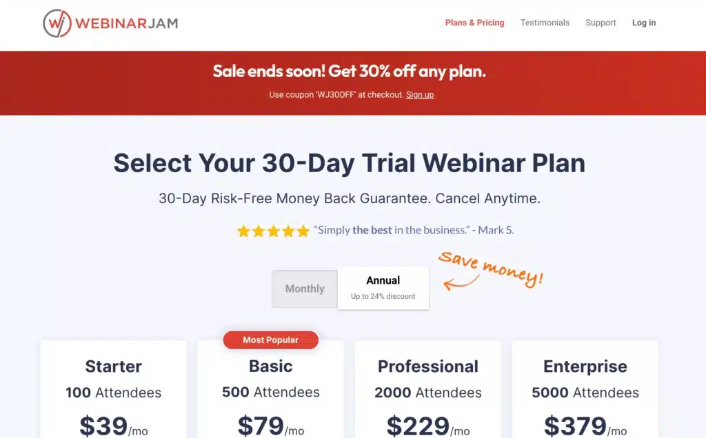 WebinarJam pricing 30-day trial - best virtual conference platform