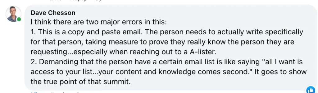Influencer marketing mistakes - How to not do influencer outreach - Dave Chesson example