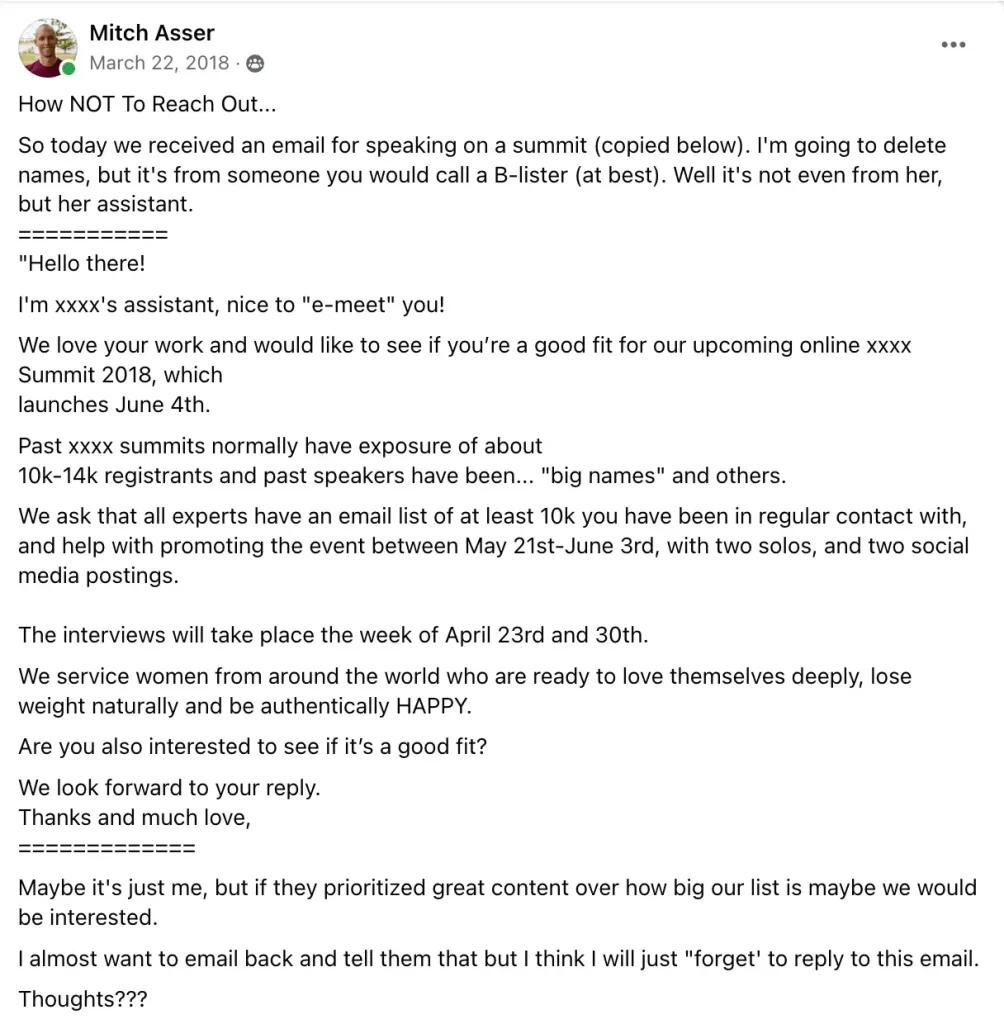 Influencer marketing mistakes - How to not do influencer outreach - Mitch Asser example