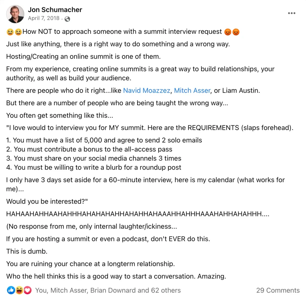 Influencer marketing mistakes - How to not reach out to influencers - Jon Schumacher example