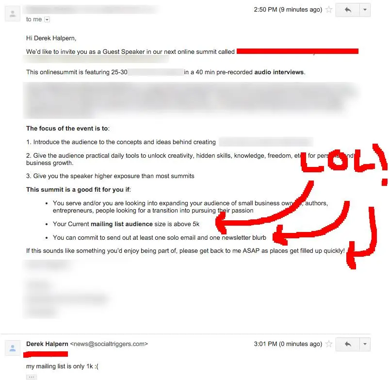 Influencer marketing mistakes - how to not do influencer outreach - Derek Halpern example