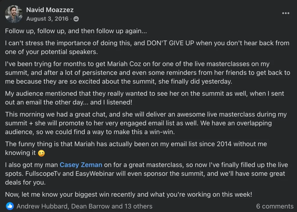 Influencer marketing mistakes - power of the follow up - Navid Moazzez example